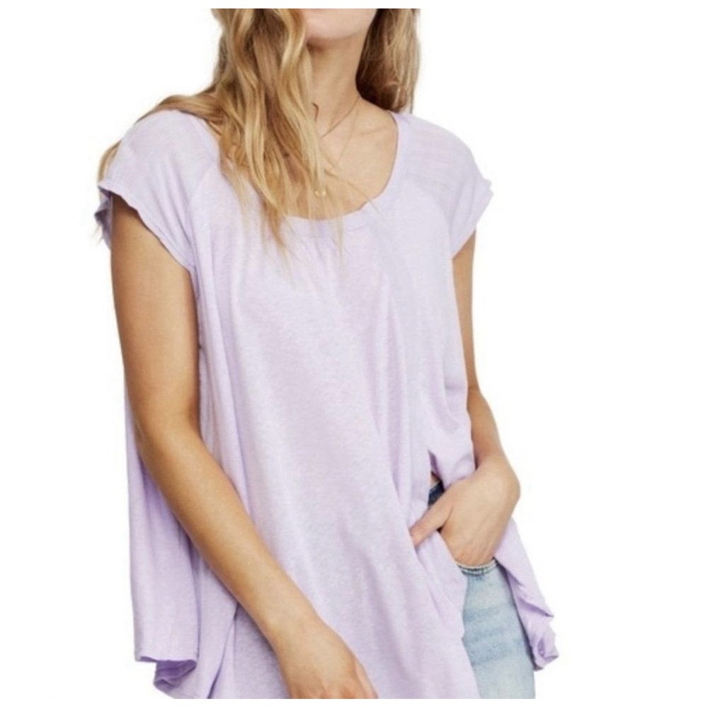 Free People Keep It Casual Tee Sz M Light Purple Linen Blend Beach Coastal